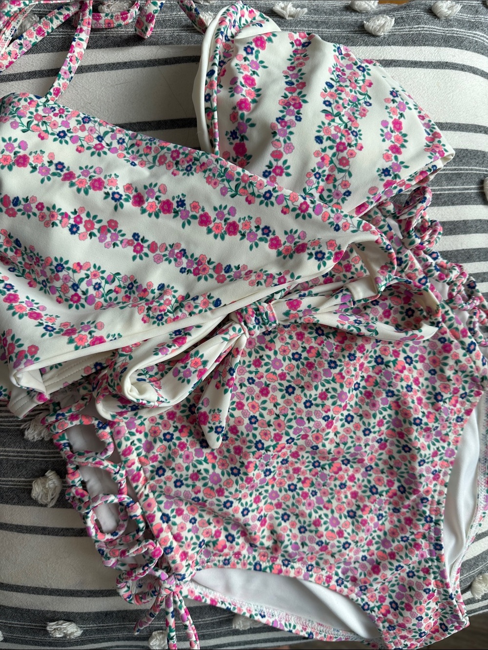 White Floral High-Waist Bikini Set with Pink & Green Accents